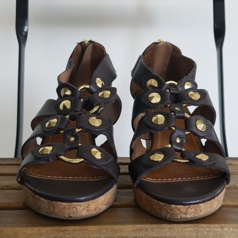 Ann Taylor LOFT Brown/Gold Studded Wedge Heel